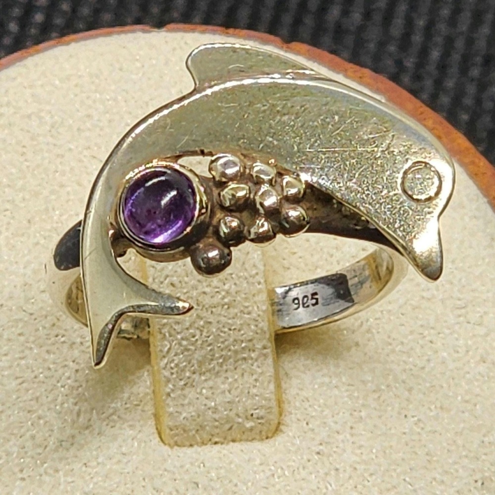 Amethyst Dolphin Artisan Ring Womens Size 7 Silver Sterling Purple Nautical Gem